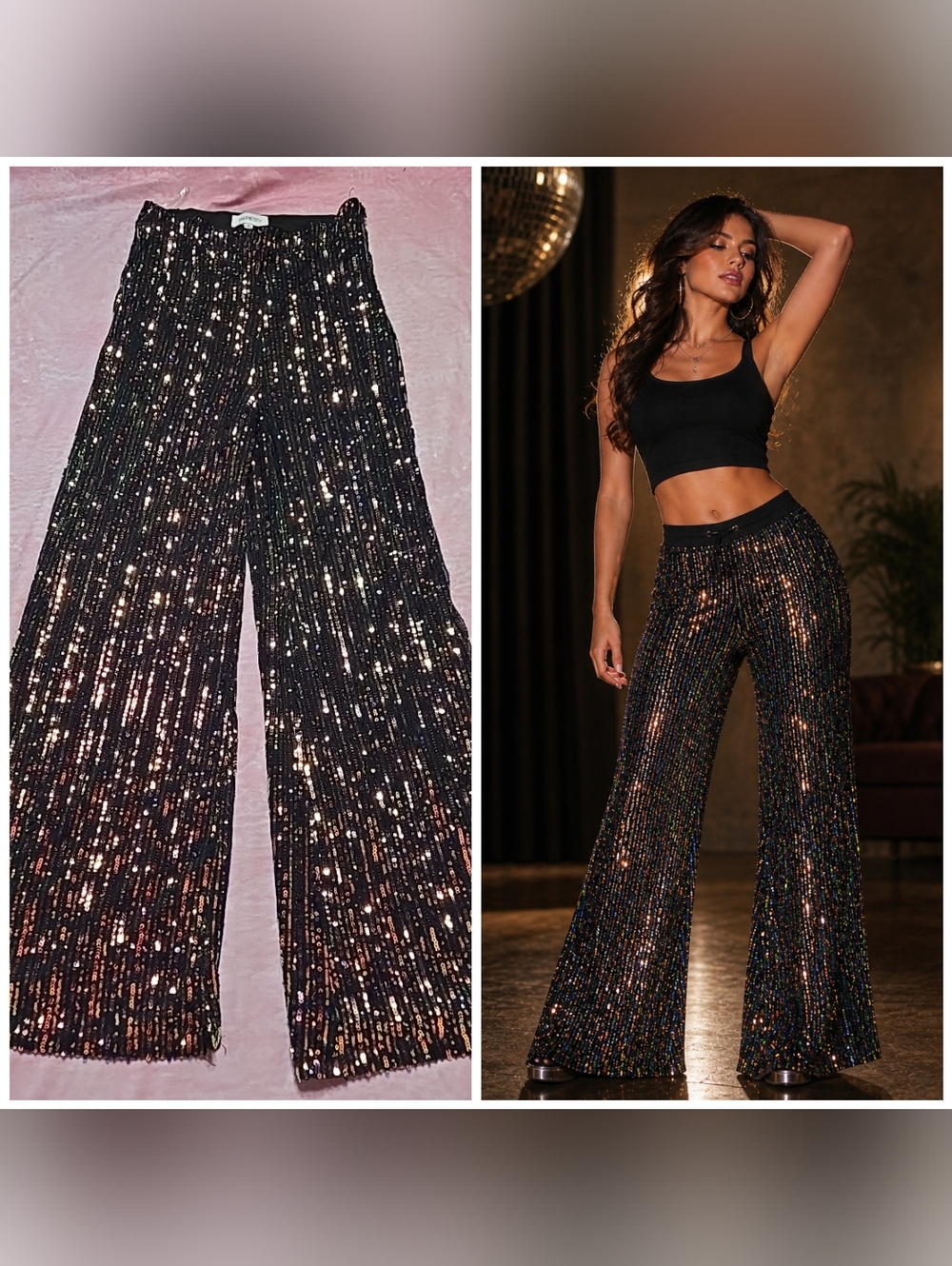 Faeriesty Disco Glam Party Multicolor Flare Sequin Lined Pants Size Large 30x32